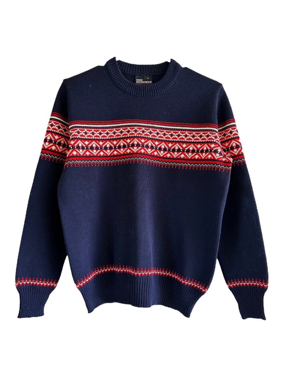Vintage Sigi Scheiber Fair Isle Sweater Wool Crew Neck Ribbed Trim Blue Red XS